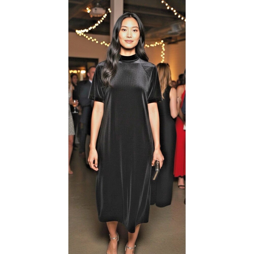 Madewell NEW! black velour midi short sleeve high neck dress Large glam party